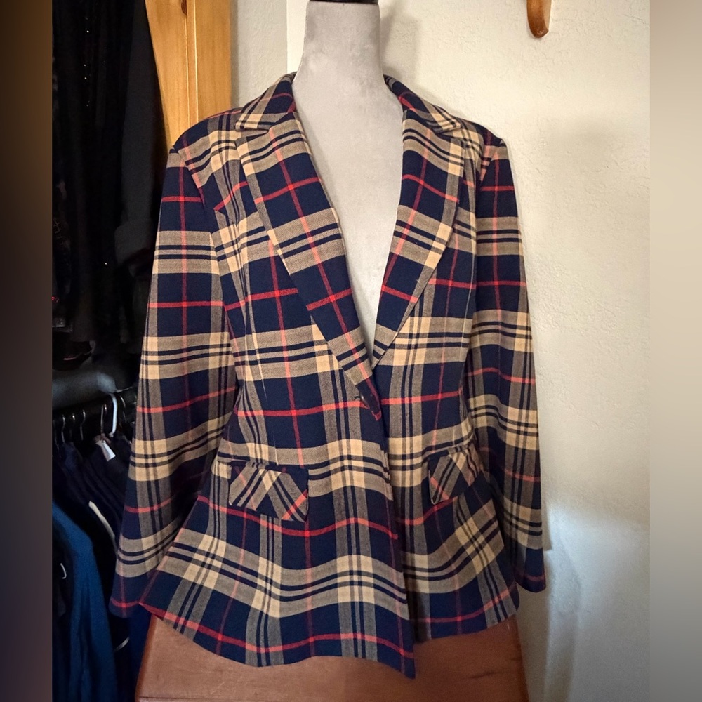 Iris Setlakwe Navy, Tan & Red Plaid Cape Style Blazer